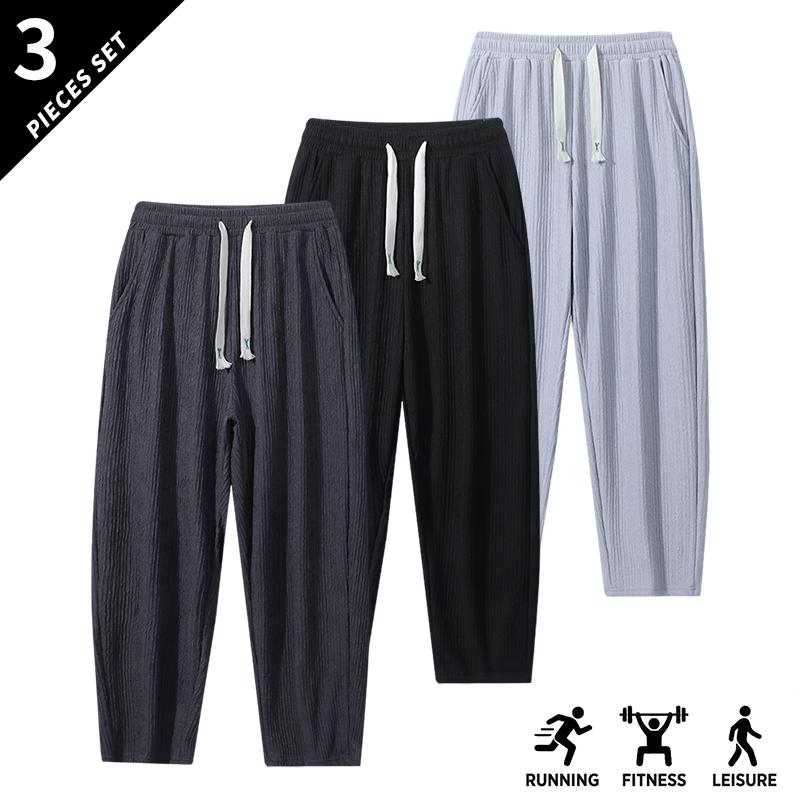 3-pack men’s fashion loose casual pants; all-season straight-leg wide-leg trousers; corduroy fabric with elastic waistband and drawstring sports casual pants; solid-color men’s pants suitable for everyday casual wear, sports, and outdoor activities; ideal