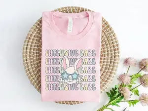 Retro ICU Easter T-Shirt, Groovy ICU Nurse Rn Tech Spring Bunny Shirt, Intensive Care Sticu Micu Cvicu Critical Care Tshirt Easter Gift