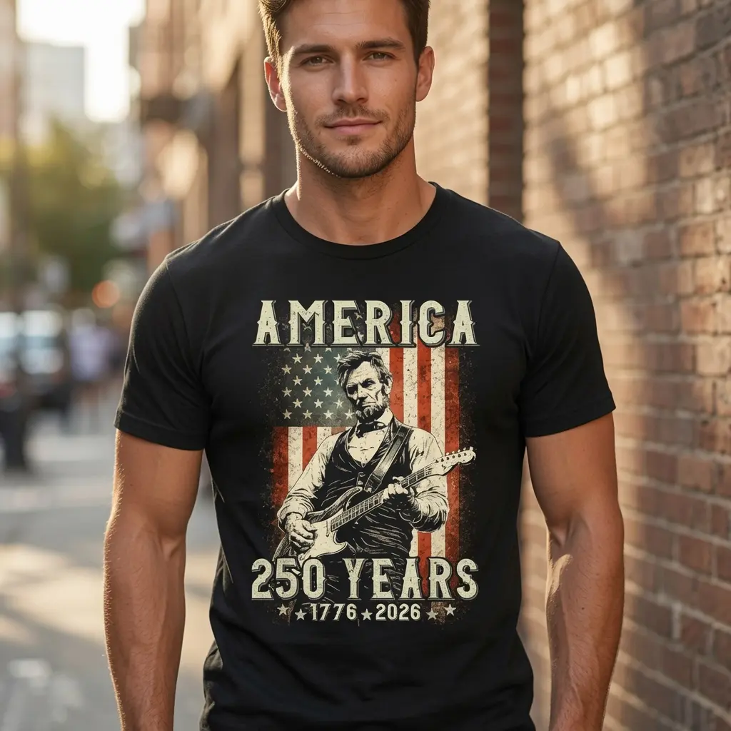 Retro Abraham Lincoln Abe Lincoln Playing Guitar 250 Years T-Shirt, USA 250 Years Shirt, 1776–2026 Shirt, USA 250th Gift, Shirt Fourth Of July, Independence Day Shirt, Full Size, Full Color