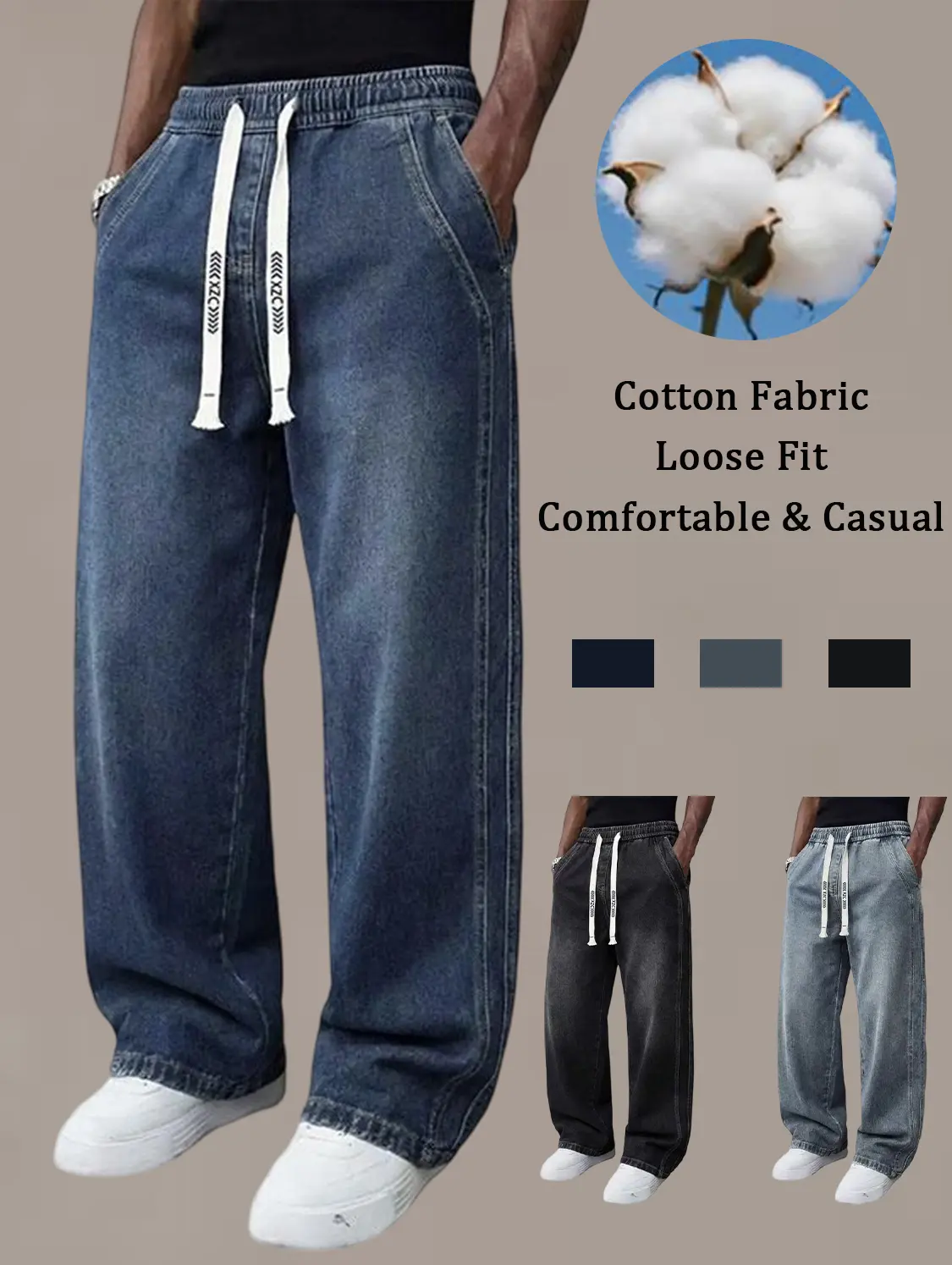 Clean Gent men’s straight-leg jeans with an elastic waistband and stretch; casual jogger-style denim; non-stretch jeans; comfortable straight cut with a relaxed fit; suitable for everyday wear; a stylish essential men’s pants.