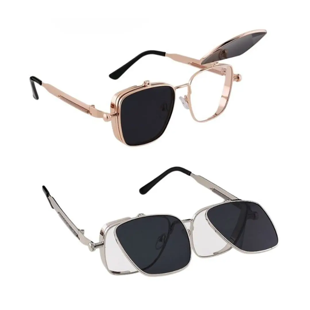 Vintage Steampunk Rectangle Sunglasses - Unisex Metallic Full Rimmed UV400 Glare-Reducing Gray Tint Resin Lenses, 2-in-1 Flip Design Flip-Lid Retro Eyewear for Driving & Vacation, Stylish Outdoor Fashion Accessory, Uv-Protection, Gold Frame Gray Lens (Dou