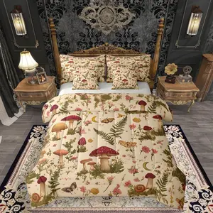 Wild Mushroom Butterfly Flower Bed in A Bag,Boho Mushroom Moth Comforter Set with Sheets for Kids Girls Boys Teens,Spring Blossom 7 Pcs Bedding Set,Natural Wild Fungus Bed Sets