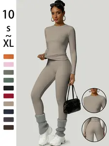 Women's Simple Solid Color Sportswear Set, Comfortable T-Shirt & Slimming Leggings, Perfect for Fall Winter Yoga & Daily Wear