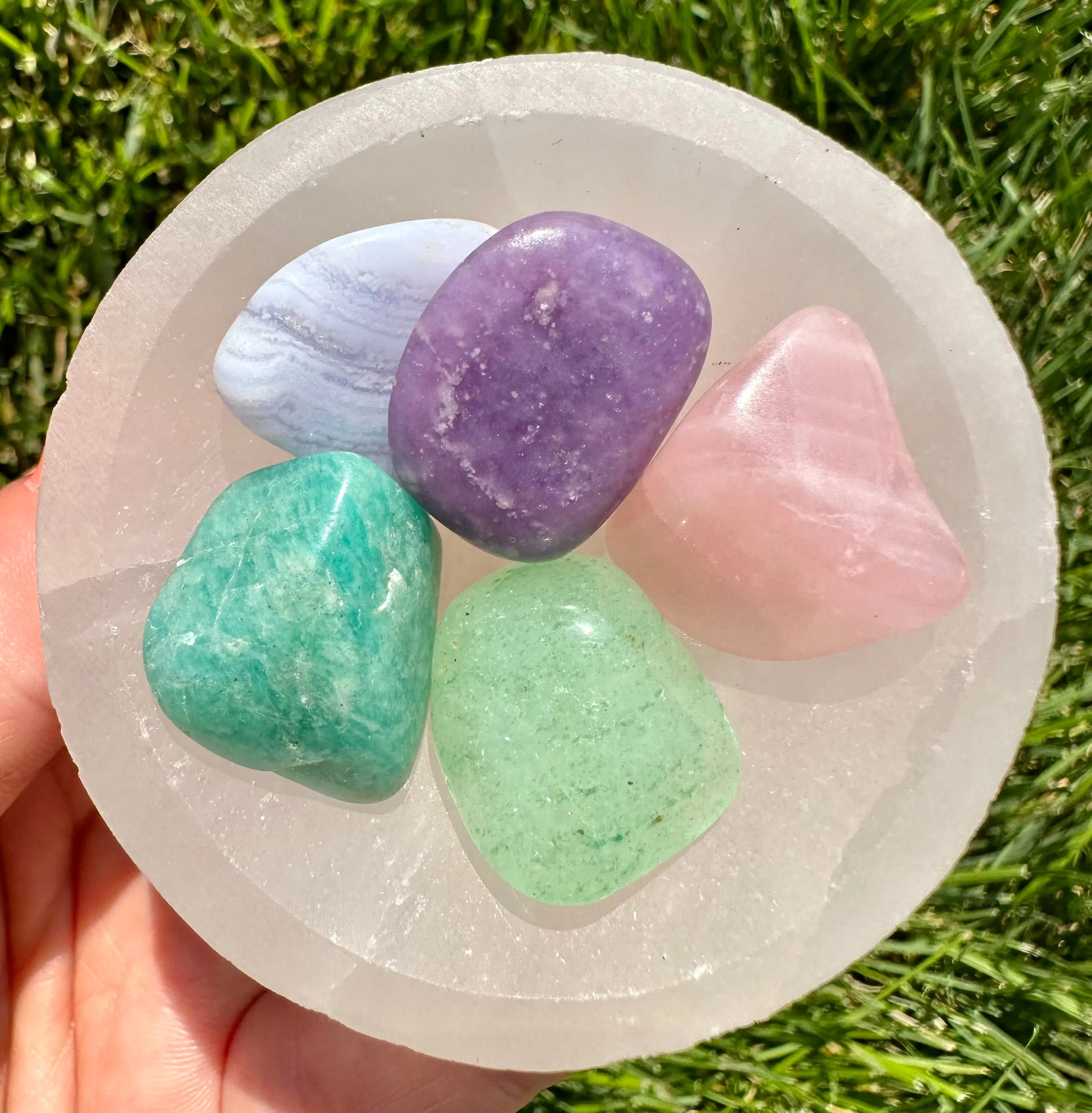 Worry & Calming Tumbled Stone Set - Green Aventurine, Blue Lace Agate, Lepidolite, Rose Quartz, Amazonite Crystals - tranquility, communication, emotional healing and balance