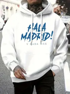 Ultimate Comfort Men's Casual Lined Hoodie - Warm Fall Winter Pullover with Bold Letter Print Regular Fit Long Sleeves Kangaroo Pocket for Outdoor Wear Classic Cotton Blend Tops Menswear,HALA MADRID!Y NADA MAS