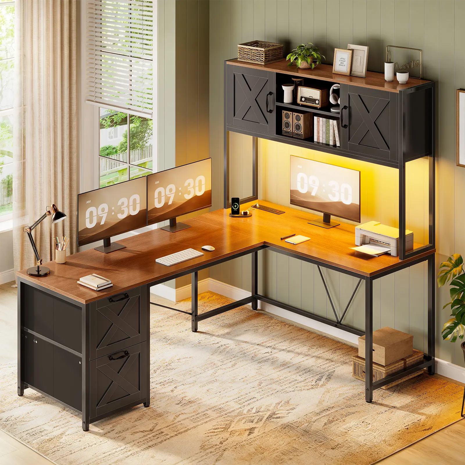 SEDETA 62.2 in Farmhouse L-Shaped Gaming Desk, Reversible Power Outlet Hutch, 2-Person Corner Office Desk with Storage Shelves for Home Office
