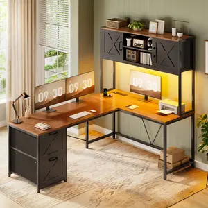 SEDETA 62.2 Inch Farmhouse L Shaped Gaming Desk with Hutch Reversible Computer Desk with Power Outlet Hutch for Home Office Two Person Corner Desk with Storage Shelves