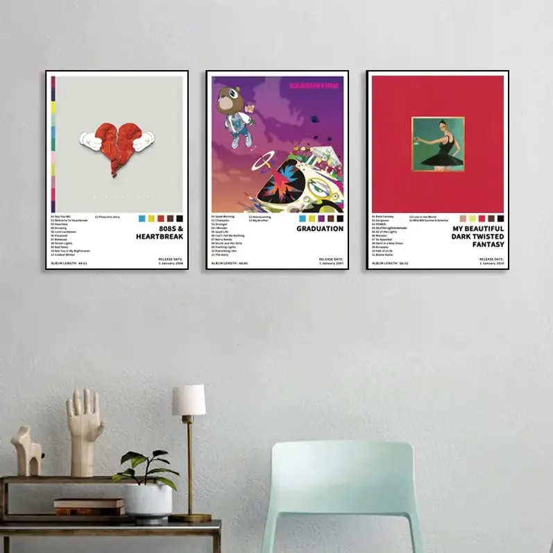 [Up to 65% Off][Free Shipping][No Frame] 3-Piece Plastic Hip-Hop R&B Retro Music Album Cover Print Posters Set - 808s & Heartbreak, Graduation, My Beautiful Dark Twisted Fantasy Artwork, for Music Lovers, Home Decor, Wardrobe, Bedroom Decor, Frameless
