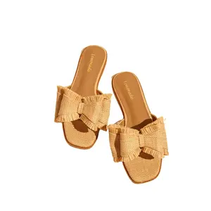 Raffia Bow Sandals Beach Slide Summer Flat Comfortable All-Day Wear for Resort Style
