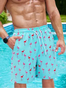 Men's Flamingo Print Swim Shorts, Regular Fit Casual Comfy Breathable Swim Shorts for Beach Vacation, Men's Swimwear for Summer