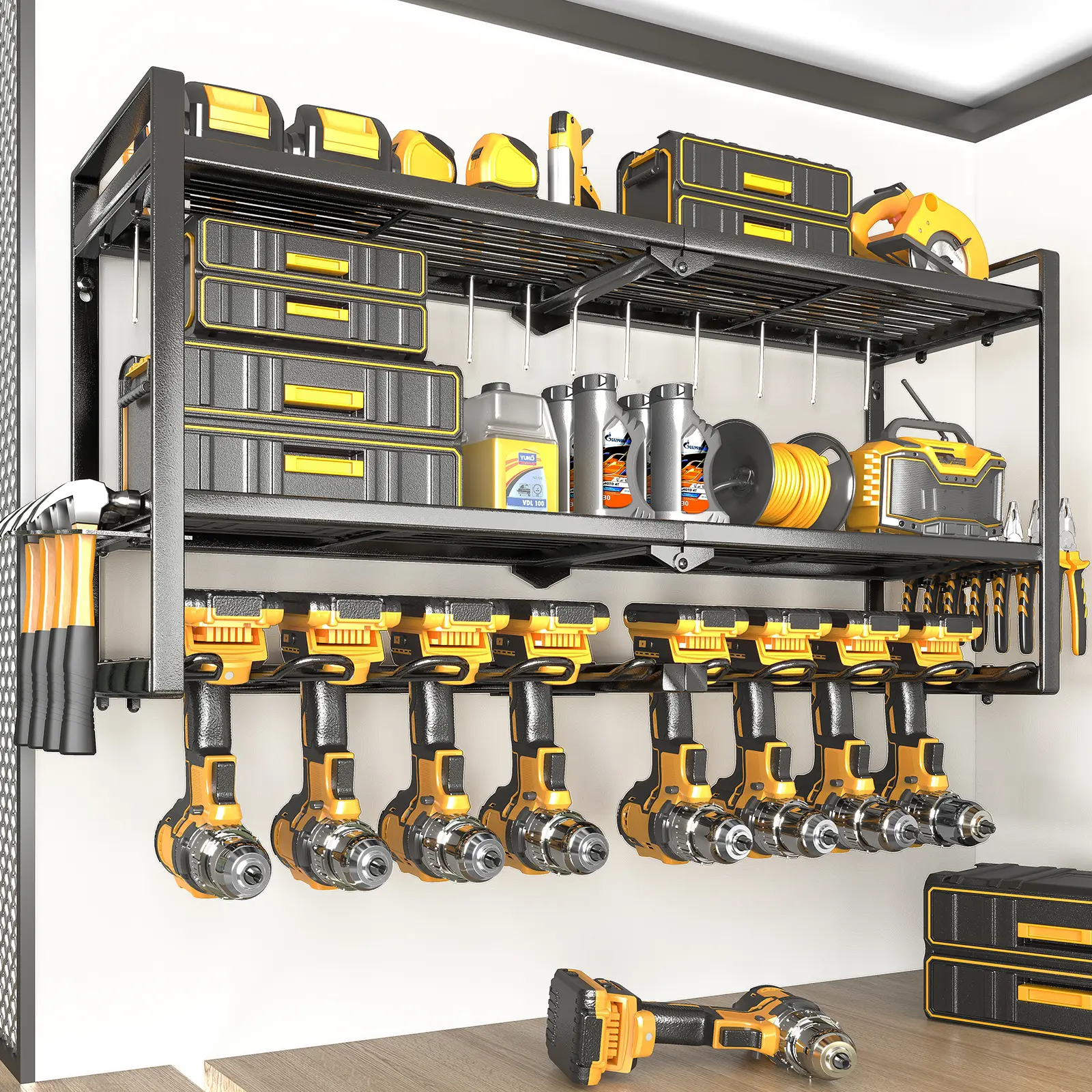 SOYEEZE High-Quality Wall-Mounted Power Tool Organizer, 3-Layer Rack with 8 Drill Holders, Screwdriver, Hammer & Plier Tool Holders, 150 lbs Capacity for Garage, Workshop Multi-Purpose Storage (Fits Cordless Drills)