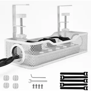Under Desk Management Tray - Clamp-On Metal Desk Organizer for Power Storage - Sturdy No-Drill Installation - Ideal for  Office Desks White