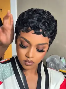 Layered Pixie Cut Wigs Human Hair Short Curly Wigs With Bangs Breathable Full Machine Made Wig For Women Natural Black 27 Blond Glueless Afro Kinky Curly Wig Human Hair Short Fluffy Curly Wigs Human Hair Pixie Cut Afro Wig For Black Women Machine Made 8 I