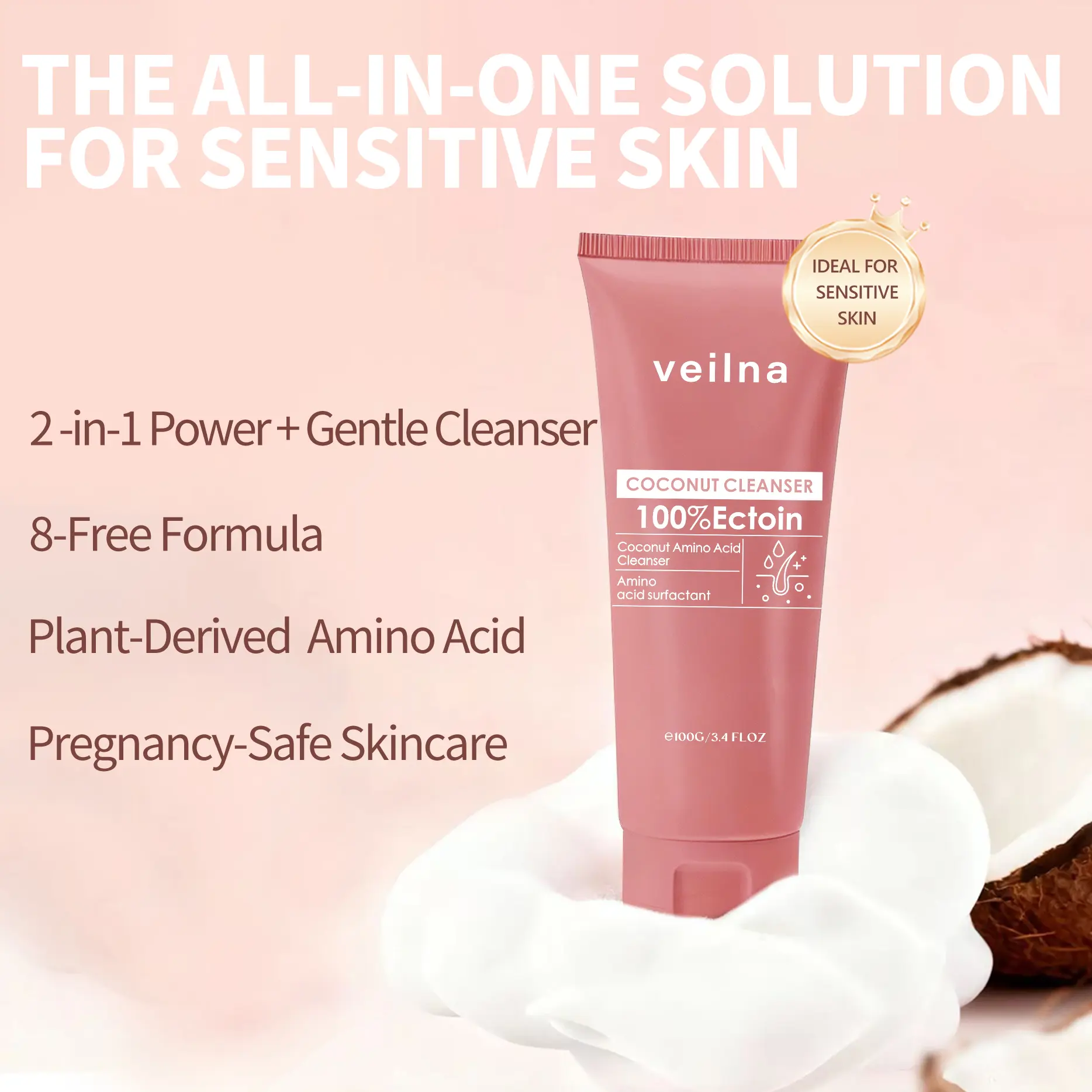 Veilna Coconut Amino Acid Facial Cleanser for Sensitive Skin 2 In 1 Power GentleCleaner Plant-Derived Amino Acid 100% EctoinPregnancy-Safe Skincare Cleansing