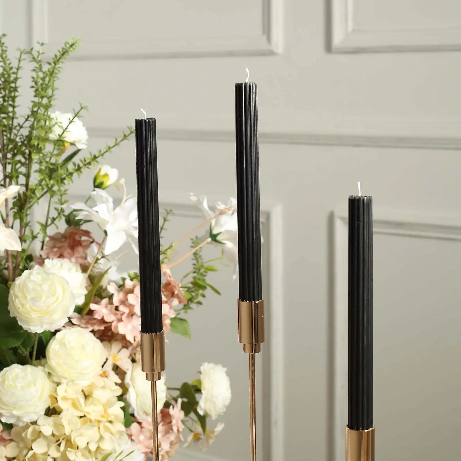 Premium Unscented 9 in Black Taper Candles (5-Pack) - Ribbed Wick, Ribbon Wax Design - Home Decor, Birthday Event Centerpieces