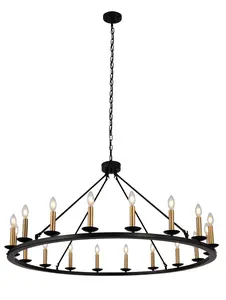 18-Lights Black-Gold Candle Wagon Wheel Shade Chandelier