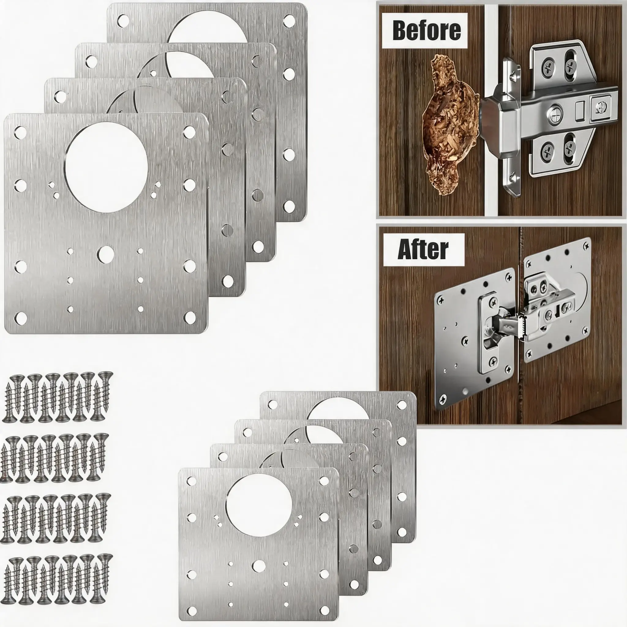 8PCS Stainless Steel Hinge Repair Plate Kit with Fixing Screws, Smooth Operation Easy-Install Brackets for Cabinet Doors, Kitchen Cupboards