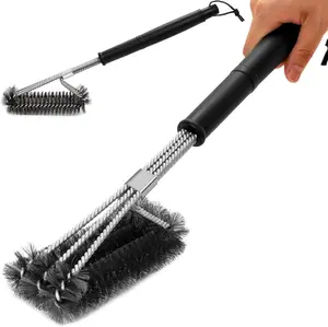NEXCOVER BBQ Grill Brush – 18” Scrubbing Brush Barbecue Cleaning Brush, Stainless Steel Grill Grate Cleaner, Safe Wire Scrubber, 3 in 1 Bristles BBQ Brush, Triple-Headed BBQ Tools, Grill Accessories for Grill Grates Utensils