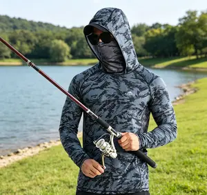 Men’s UPF50 Fishing Hooded Long Sleeve Shirt Quick Dry Breathable Full Face Cover Sun Protection 4-Way Stretch Compression Lightweight Anti-UV Fishing Hiking Tactical Gardening Outdoor Work For Men Outdoor Sports Fishermen Workers