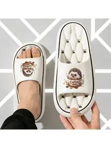 Cute Hedgehog Coffee Time Slippers Women Men Soft Fleece Warm Indoor Home Non-Slip Cozy Winter Cartoon Animal Comfortable Plush House Shoes