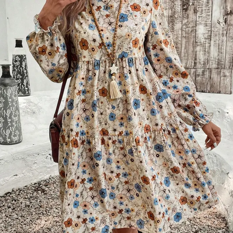 Women's Floral Print Round Neck Ruffled Hem Loose Vacation Dress, Fashionable Bohemian Printed Design, Perfect for Spring & Fall Casual Wear