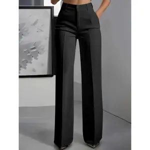 Women’s long straight-leg pants with pockets, button and zipper closure, casual commuter business pants, slim fit GARMENTARY