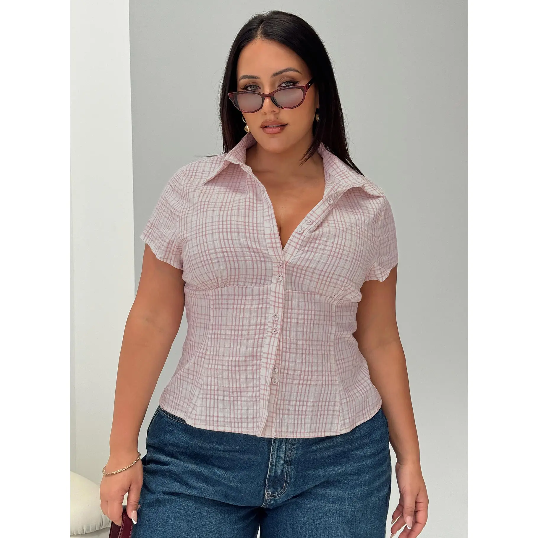 Cottesloe Blouse Top Pink Check Curve