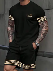 Men's King letter stripe print casual and stylish two-piece set, featuring a summer sporty Breathable crew neck short-sleeved top and drawstring shorts, suitable for outdoor and street wear.