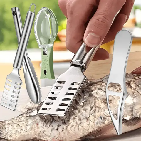 4-Pack Stainless Steel Fish Scale Remover - Sturdy, Lightweight Kitchen Gadget, Seafood Utensil with Serrated Teeth, ABS Construction, Rust-Resistant, Built-In Bottle Opener, Fast Convenient Kitchen Use, 4-Pack Value