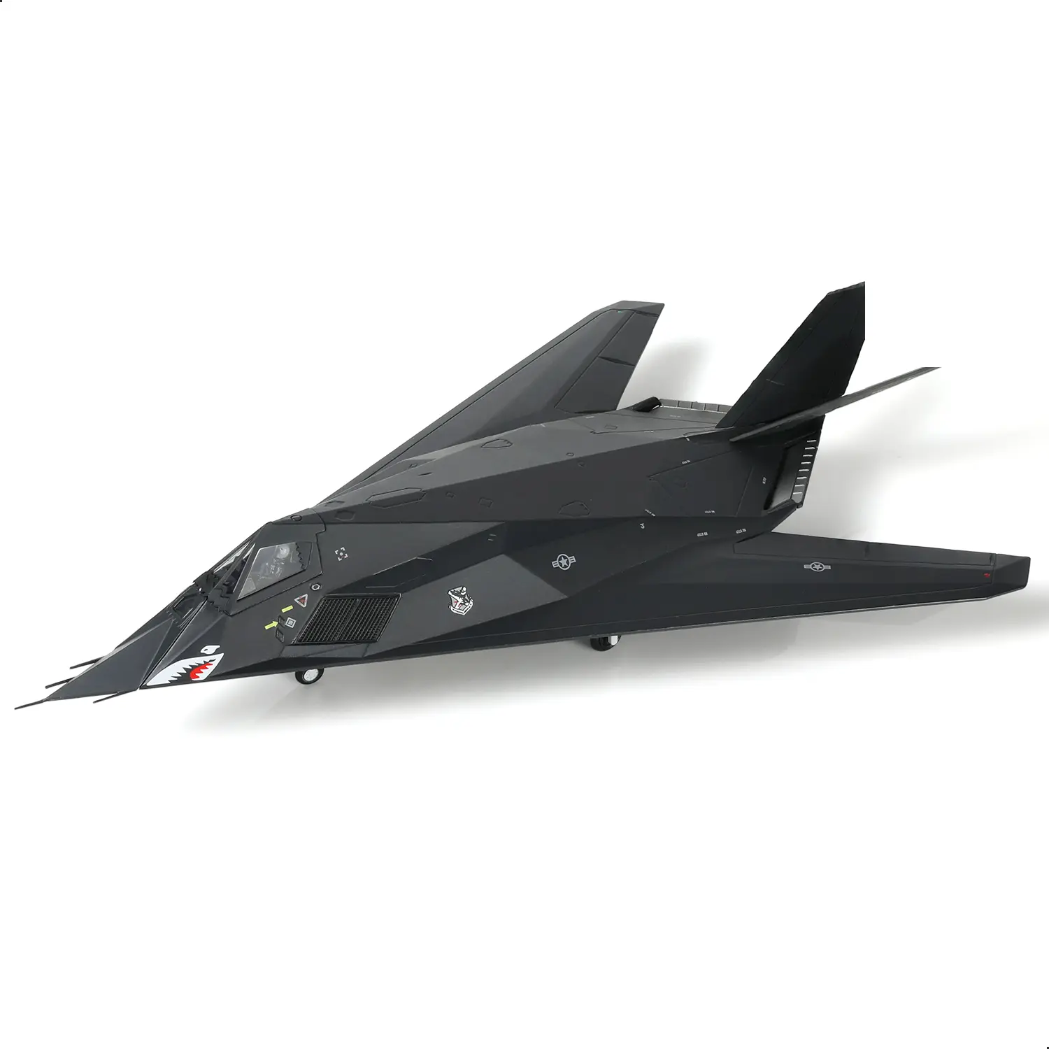 F-117 Nighthawk "Shark Mouth" Die-Cast Alloy Stealth Fighter Model - Authentic 8th FS Detailed Marks, Faceted Panels, Desert Storm/Kosovo Vet Collectibles, Limited Aggressive Desk Decor for Aviation Lovers (Flew 1991 Iraq, 1999 Serbia Missions)