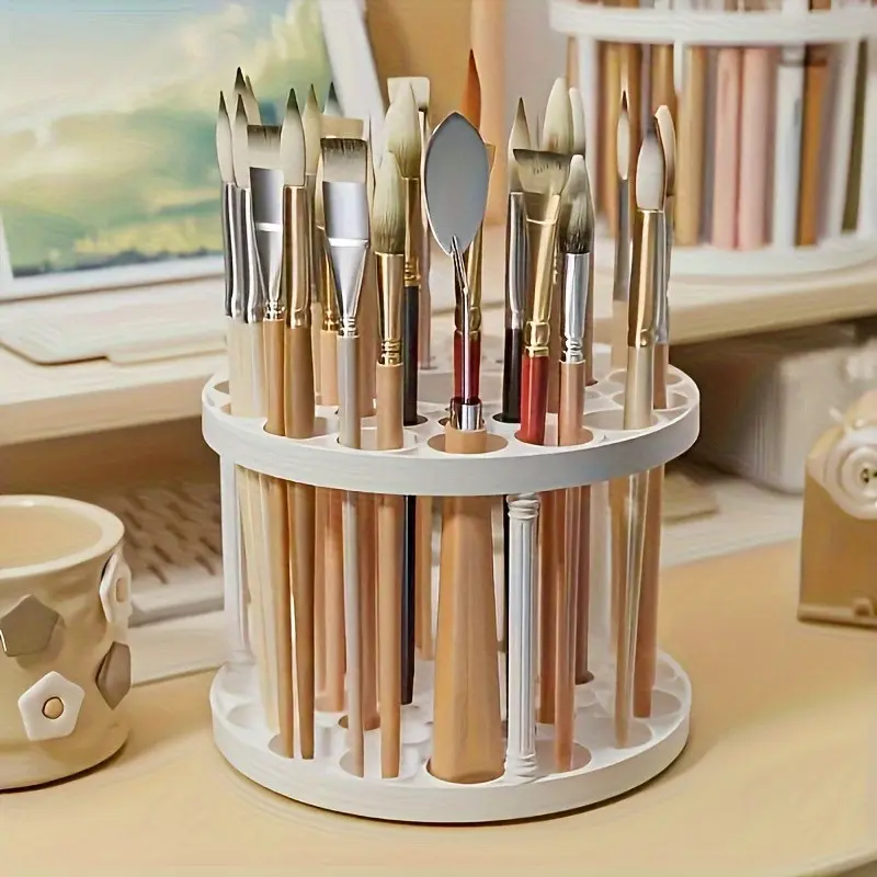360 Degree Rotating Brush Holder, Glossy Plastic Insert Stand for Art Brushes, Makeup Tools, Pens, Space-Saving Desktop Organizer