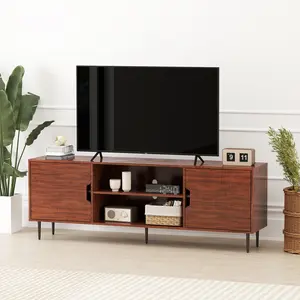 TV-Stand for Living Room - Mid Century Modern TV Stand with 3AC Outlets, Farmhouse Television Stands for 70 75 80 Inch TVs - Double Cabinet - Adjustable Brackets - Large Space Capacity