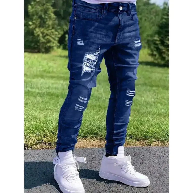 Men's Ripped Skinny Cargo Pants - Elastic Cotton Blend Fabric, Stretch Male Casual Clothes, Patched Denim Trousers, Pockets, All Seasons Urban & Outdoor Sports Outerwear, Blue, Beige, Skinny Fit, Men’s Clothes