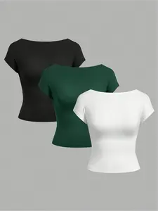 Women's Solid Backless Tee, Casual Short Sleeve T-shirt for Summer, Ladies Clothes for Daily Wear