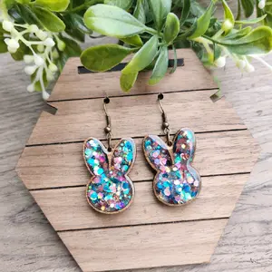 Fun Glitter Resin And Wood Bunny Earrings