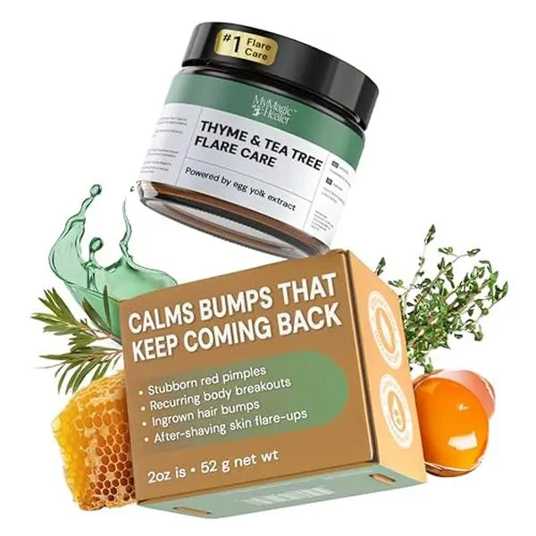 MyMagicHealer Thyme & Tea Tree Flare Care | Multipurpose Solution for Breakout-Prone Skin, Ingrown Hair, Razor & Body Bumps | Tea Tree Oil Salve for Bumpy & Textured Skin 2 oz