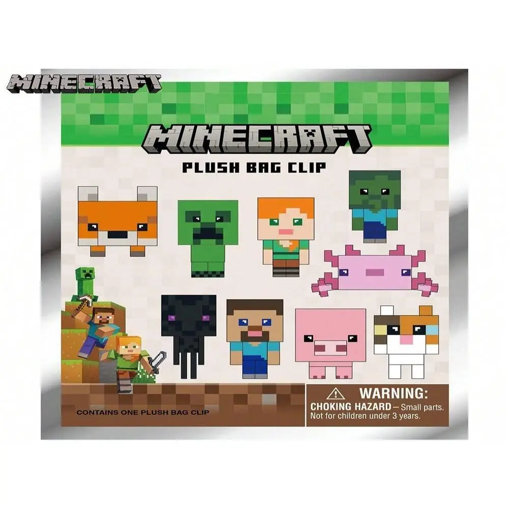 Minecraft Officially Licensed Plush Bag Clip, 3D Game Character Keychain, Minecraft Characters, Random One Alex Steve Zombie, Perfect Gift for Kids, Cute Aesthetic Keychain, Keychain for Bags