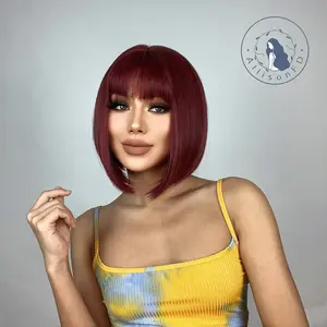 INSTYLE 12 Inches Short Straight Wine Red Bob Wig with Bang Synthetic Fiber Wigs Women's Wigs Daily Use for Party or Cosplay Photos