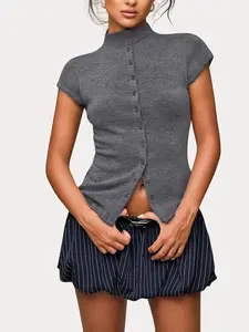 2026 Spring New Minimalist Solid Color Half High Neck Short Sleeve Knit Top, Slim Fit Casual Wear for Commuting and Dating