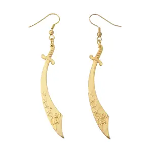 Gold sword pirate medieval long edgy unique dangly earrings