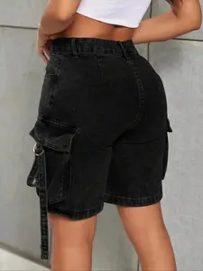ELI Women's Washed Denim Cargo Shorts - Y2K Functional Street Style - Comfortable Stretchy Fabric with Tummy Control - Casual Comfy Shorts