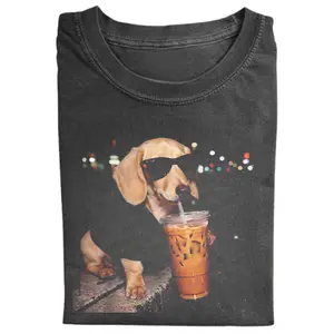 Vintage Dachshund Coffee Shirt, Funny Sausage Dog Tee, Cool Dog Drinking Iced Coffee Graphic Tee, Cute Pet Lover T-Shirt, Trendy Coffee Lover Gift, Animal Meme Tee