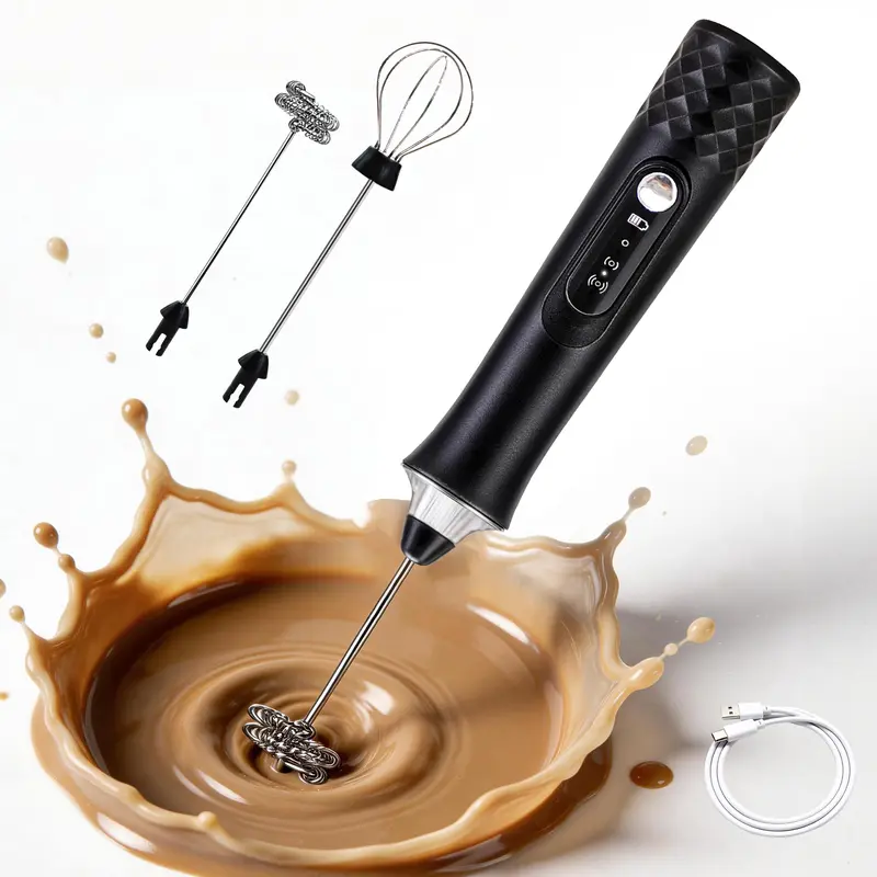 Kallodear Rechargeable Milk Frother,Milk Frother Handheld with 2 Heads 3 Speeds,Coffee Mixer,Electric Milk Bubbler,Detachable Stainless Steel Whisk for Cappuccino,Matcha,Juice,Latte,,Egg (Black)