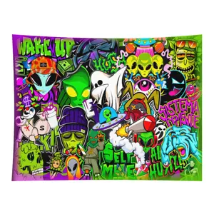 Alien Graffiti Wall Tapestry Colorful Space Theme Art Decor For Bedroom Living Room Dorm Room Colorful Funky Graffiti Wall Mural Urban Street Art Style Psychedelic Cartoon Characters Neon Peel and Stick for Cool Room Teen