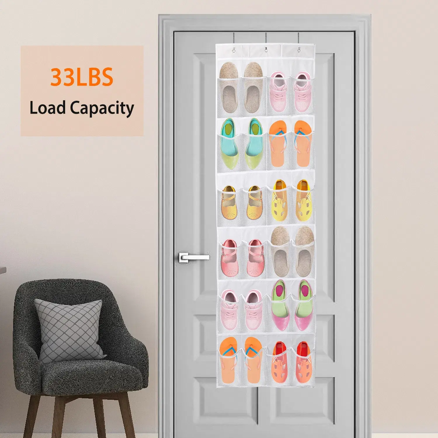 1Pc Over-the-Door Shoe Rack - 6-Layer, 24-Pocket Crystal Clear Hanging Organizer for Shoes, Slippers, Small Toys in Closets, Cabinets