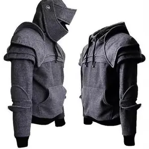 2025 Halloween Hoodie Men Knight Hooded Elbow Guard Drawstring Mask Pullover Kangaroo Pocket Solid Color Jacket Hoodie Cosplay Costume Menswear Sweatshirts Tops Long Beige Grey Plain Clothes