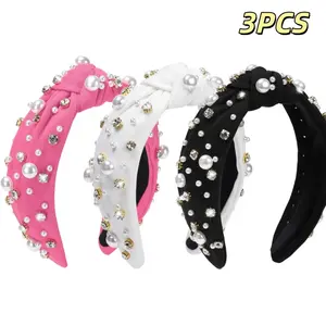 3pcs Pearl And Rhinestone Twisted Hairbands |   Elegant Wide-Edge Top Knot Hairbands For Ladies, Comfortable Wide Design, Versatile And Suitable For Daily Commuting And Formal Events