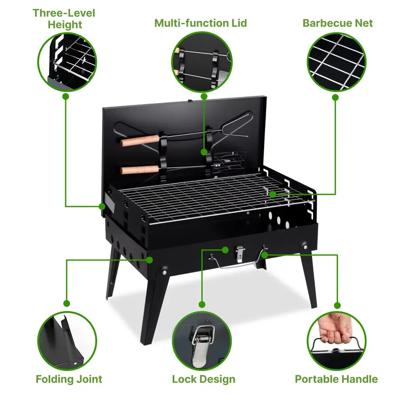 Portable Heavy-Duty Cast Iron Charcoal BBQ Grill - 3-Level Height Adjustable Alloy Steel Foldable Open Lid Barbecue Stove, Compact All-Seasons Outdoor Gear for Picnics, Even Heat Cooking, Easy Cleanup for BBQ Lovers