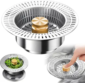 Three-in-one kitchen sink strainer and plug, stainless steel spring-up drain cover with anti-clotting mesh basket and copper inner core, suitable for American standard 3 1/2-inch kitchen drains.