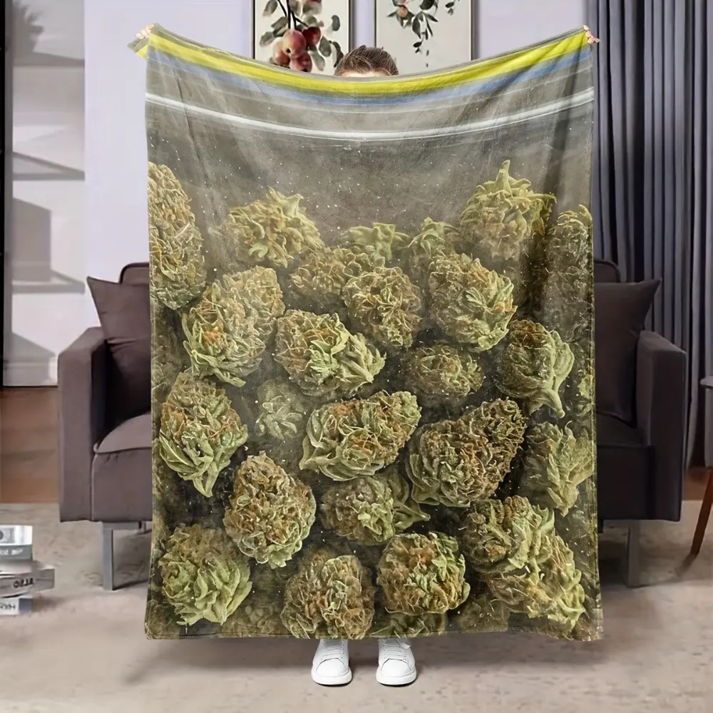 Weed Plant-Themed Digital Print Flannel Blanket-Machine Washable, Orange-Light Blue-White Line Design with Flower Core/Bud Pattern, Lightweight and Warm All-Season Throw Blanket Suitable for Beds, Sofas, and Other Scenes
